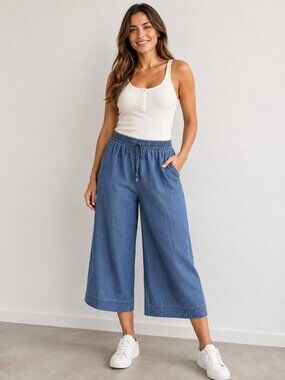 Michael Kors Chambray Cropped Wide Leg Pull On Pants Blue Size 12 Cotton